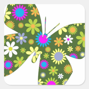 Sticker Carré Belles fleurs fantaisistes aux ailes de papillon A