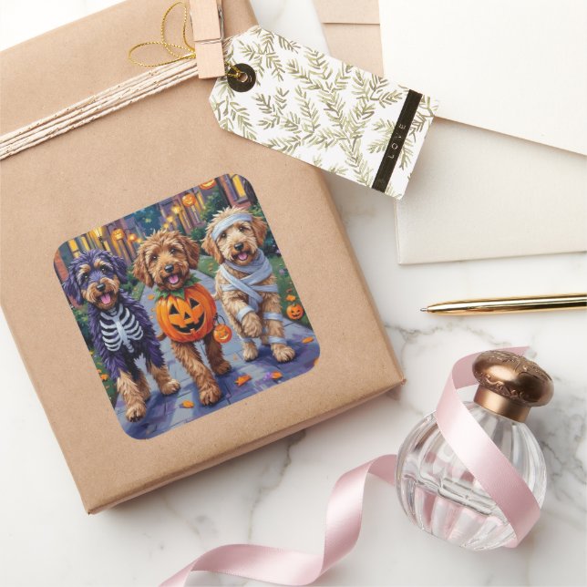 Sticker Carré Bernedoodle Dogs Trick or Treating in Halloween Co (Cadeaux)