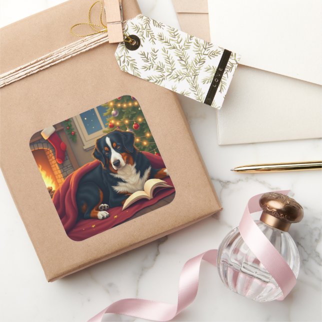 Sticker Carré Bernese Mountain Dog Christmas Bedtime Story (Cadeaux)