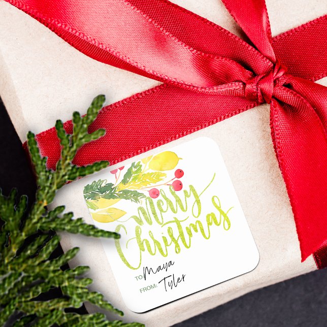 Sticker Carré Berries de Noël d'hiver de et vers (Winter Christmas Berries | Gift Tag Sticker)