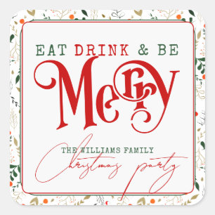 Sticker Carré Berry Branche Manger, Boire Soyez Joyeux Noël Fête