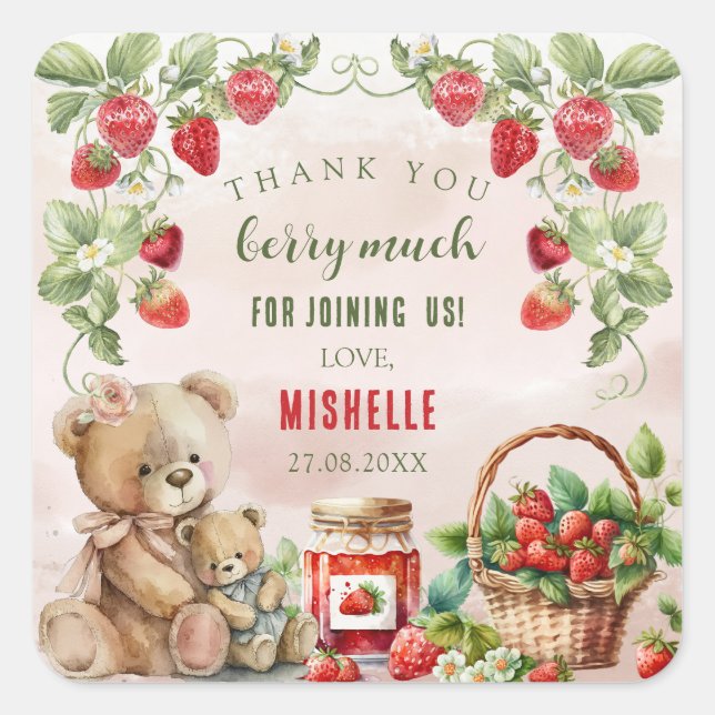 Sticker Carré Berry First Strawberry et Bear Anniversaire (Devant)