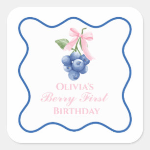 Sticker Carré Berry premier anniversaire bleu à ruban rose Coque