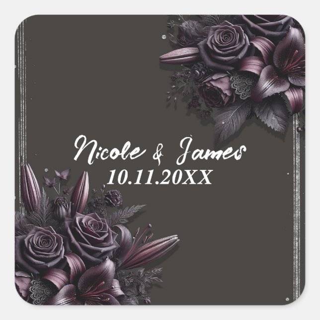 Sticker Carré Berry Purple & Black Lily Rose Mariage Floral (Devant)
