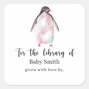 Sticker Carré Bibliothèque de Baby Shower de Manchot