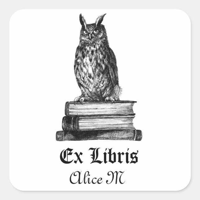 Sticker Carré Bibliothèque Owl ex libris (Devant)