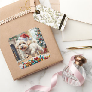 Sticker Carré Bichon Frise Fluffy Chien Joyeux Noël
