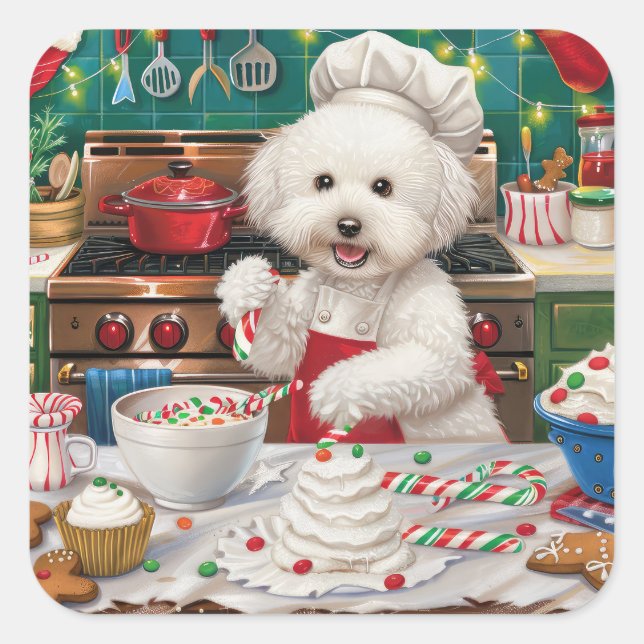 Sticker Carré Bichon Frise Gîtes : Festif Noël (Devant)