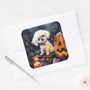 Sticker Carré Bichon Frise Halloween Avec Citrouilles Effrayant