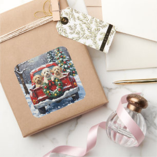 Sticker Carré Bichon Frise Noël Camion Rouge Fêtes