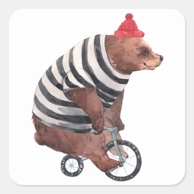 Sticker Carré Bicyclette Ours amusant (Devant)
