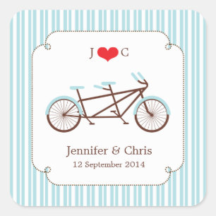 Sticker Carré Bicyclette Retro Tandem Bleu & Blanc Mariage rayé