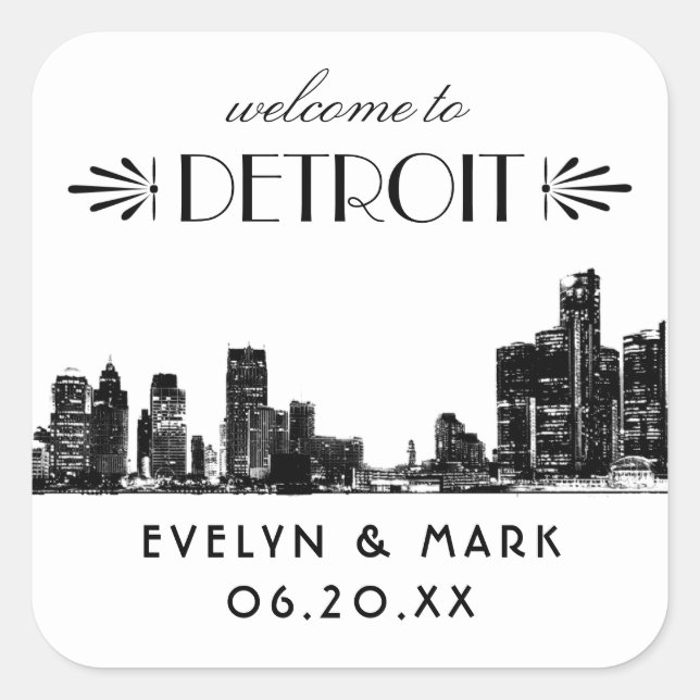 Sticker Carré Bienvenue au Mariage Art déco noir de Detroit Skyl (Devant)