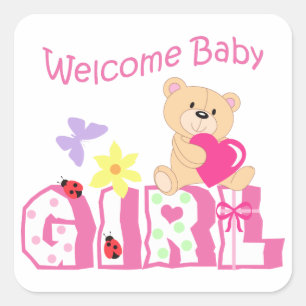 Sticker Carré Bienvenue bébé fille