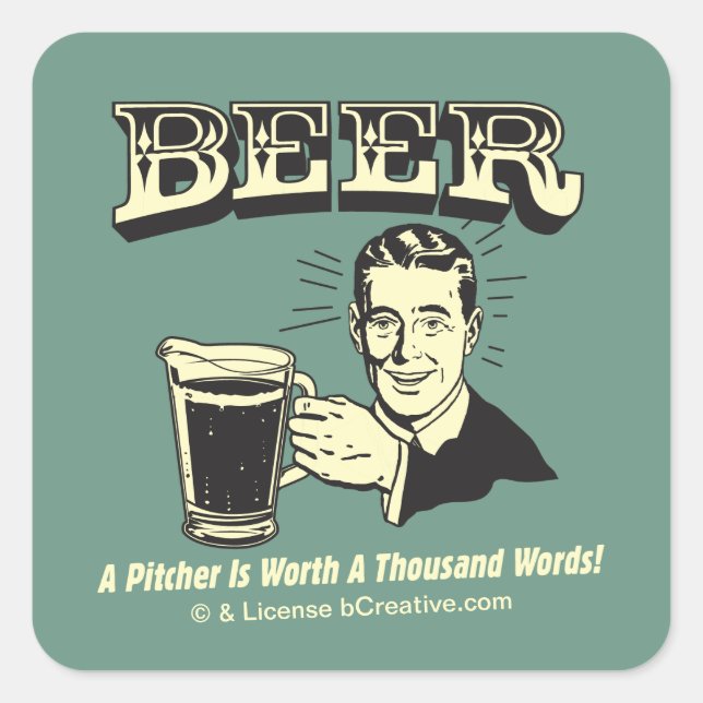Sticker Carré Bière : Un Pitcher Vaut 1000 Mots (Devant)