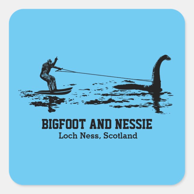 Sticker Carré Bigfoot et Nessie Loch Ness Texte personnalisé (Devant)