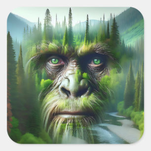Sticker Carré Bigfoot Sasquatch Double exposition avec forêt