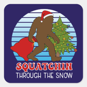 Sticker Carré Bigfoot Squatchin à travers la neige Noël
