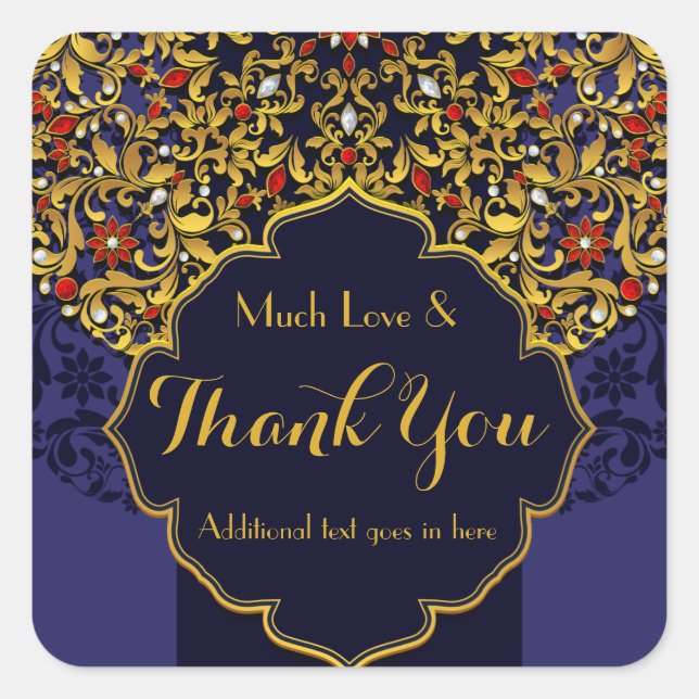 Sticker Carré Bijoux Blue Red Gold Floral Merci personnalisé (Devant)
