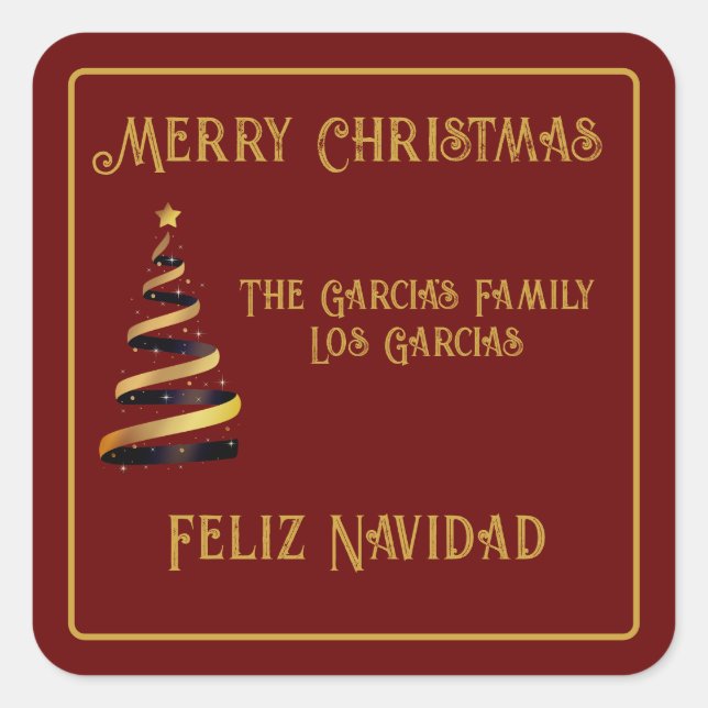 Sticker Carré Bilingue Feliz Navidad Noël Rouge et or (Devant)