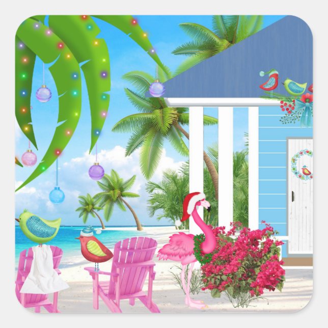 Sticker Carré Birds and Beach House Vacances de Noël tropicales (Devant)