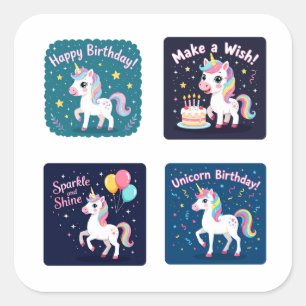 Sticker Carré Birthday Unicorn Vector Collage – Cute Magical Uni