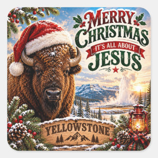 Sticker Carré Bison de Noël de Yellowstone Joyeux Noël