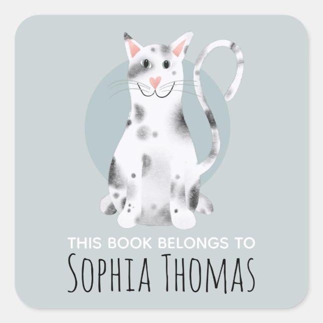 Sticker Carré Black Cat Ce livre appartient au nom Kids Bookplat (Devant)
