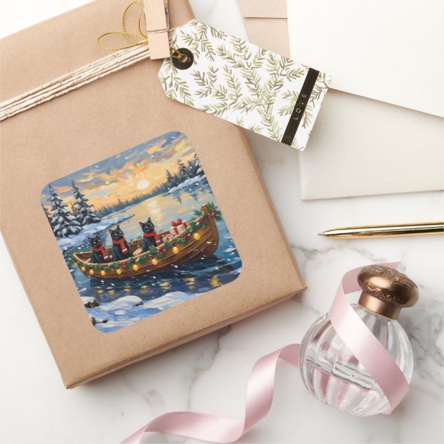 Sticker Carré Black Cat Christmas Boat Holiday (Cadeaux)