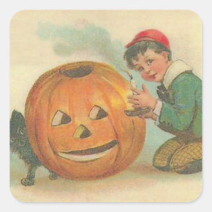Sticker Carré Black Cat Jack-o'-lantern Citrouille Boy