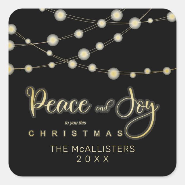 Sticker Carré Black Christmas Light Paix & Joy Whimsical Script (Devant)