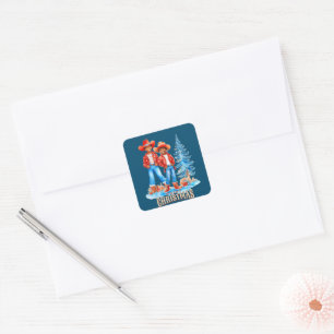 Sticker Carré Black Cowboy Cowgirl Couple hiver Scène de Noël