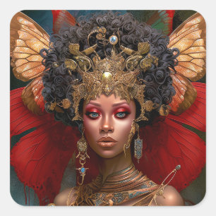 Sticker Carré Black Fairy Queen Red Gold Fairy Imaginaire Art