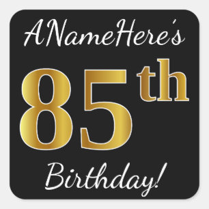 Sticker Carré Black, Faux Gold 85e anniversaire + Nom personnali