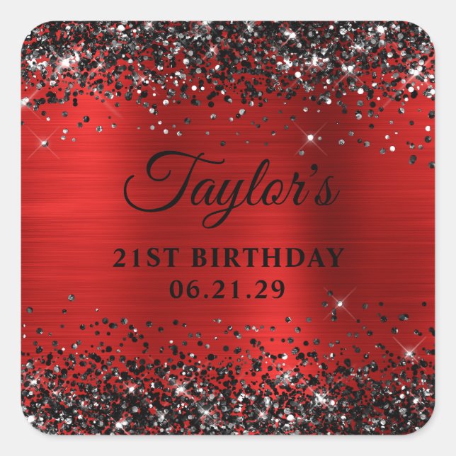 Sticker Carré Black Glitter Red Foil 21st Birthday (Devant)