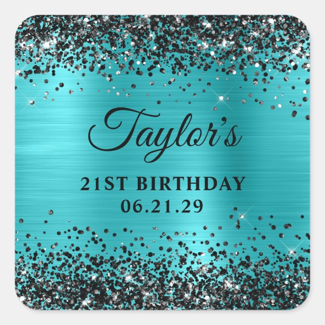 Sticker Carré Black Glitter Turquoise Blue Foil 21st Birthday (Devant)