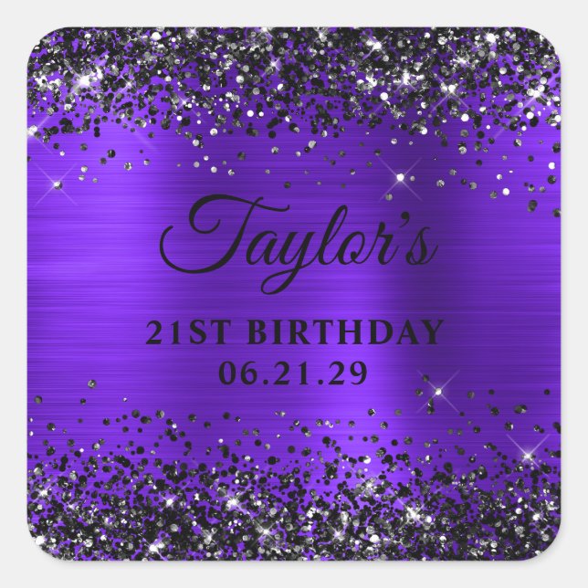 Sticker Carré Black Glitter Violet Foil 21st Birthday (Devant)
