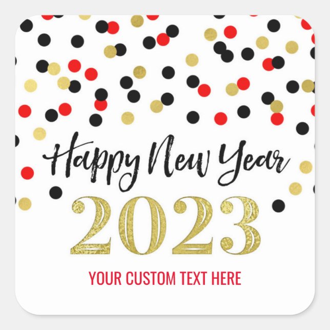 Sticker Carré Black Gold Red Confetti Bonne année 2023 (Devant)
