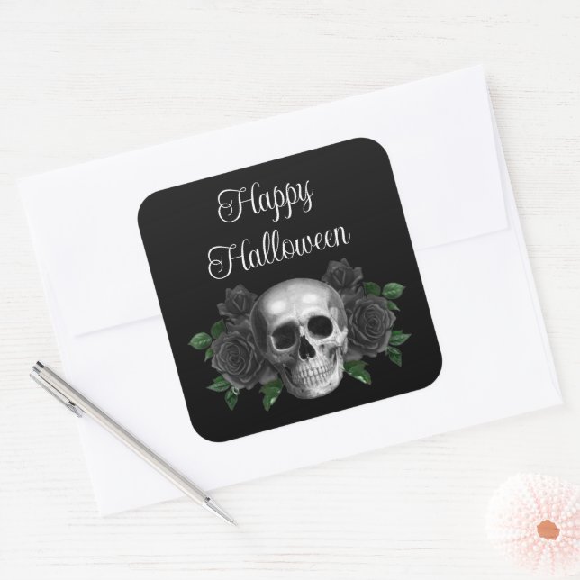 Sticker Carré Black Gothic Floral Skull Halloween (Enveloppe)