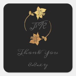Sticker Carré Black Grey Remercier Monogramme Gold Flower Date d