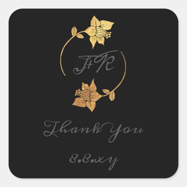 Sticker Carré Black Grey Remercier Monogramme Gold Flower Date d (Devant)