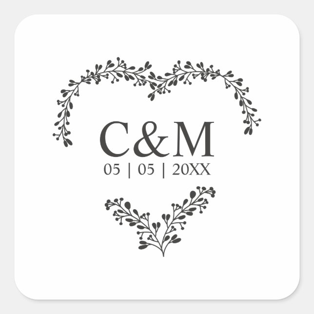 Sticker Carré Black Initial On a Branches Heart (Devant)