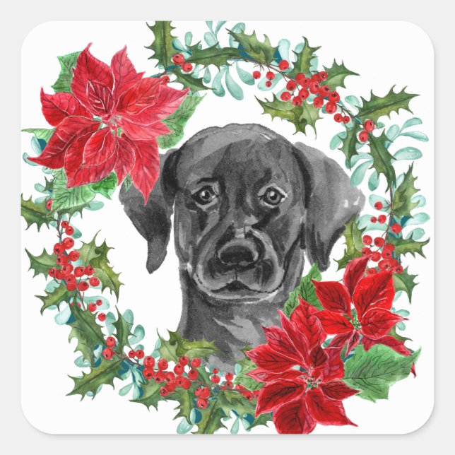 Sticker Carré Black Lab Poinsettia Christmas Wreath (Devant)