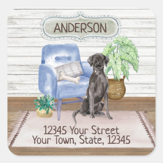Sticker Carré Black Labrador Retriever Cosy Nouvelle adresse