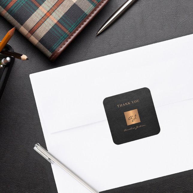 Sticker Carré Black or élégant nom monogramme merci (Créateur téléchargé)