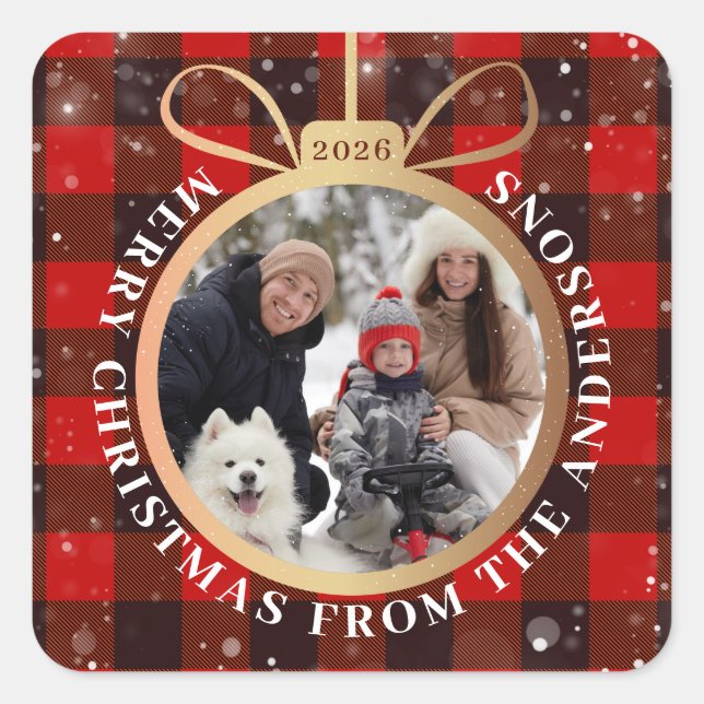 Sticker Carré Black & Red Buffalo Plaid Ornement de Noël Photo (Devant)