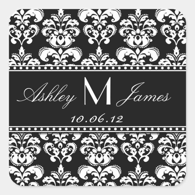 Sticker Carré Black White Damask Enregistrer l'étiquette de date (Devant)