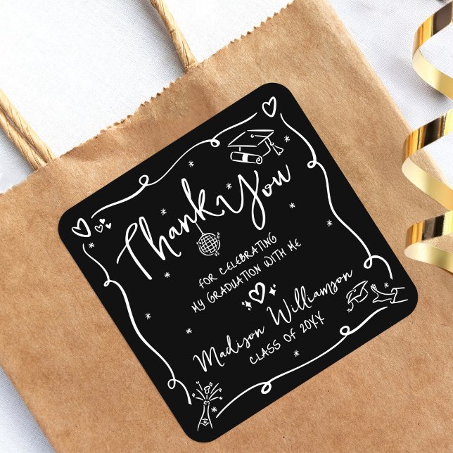 Sticker Carré Black White Hand Drawn Doodle Graduation Thank You (Créateur téléchargé)