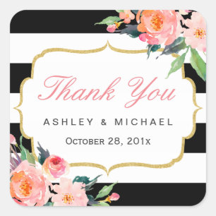 Sticker Carré Black White Stripes Floral Wedding Favor Merci