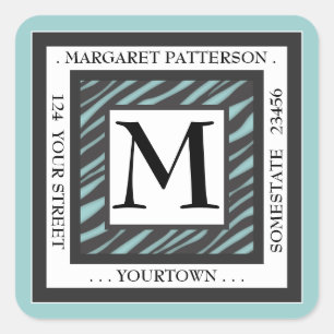 Sticker Carré Black & White Turquoise Zebra Monogram Adresse du
